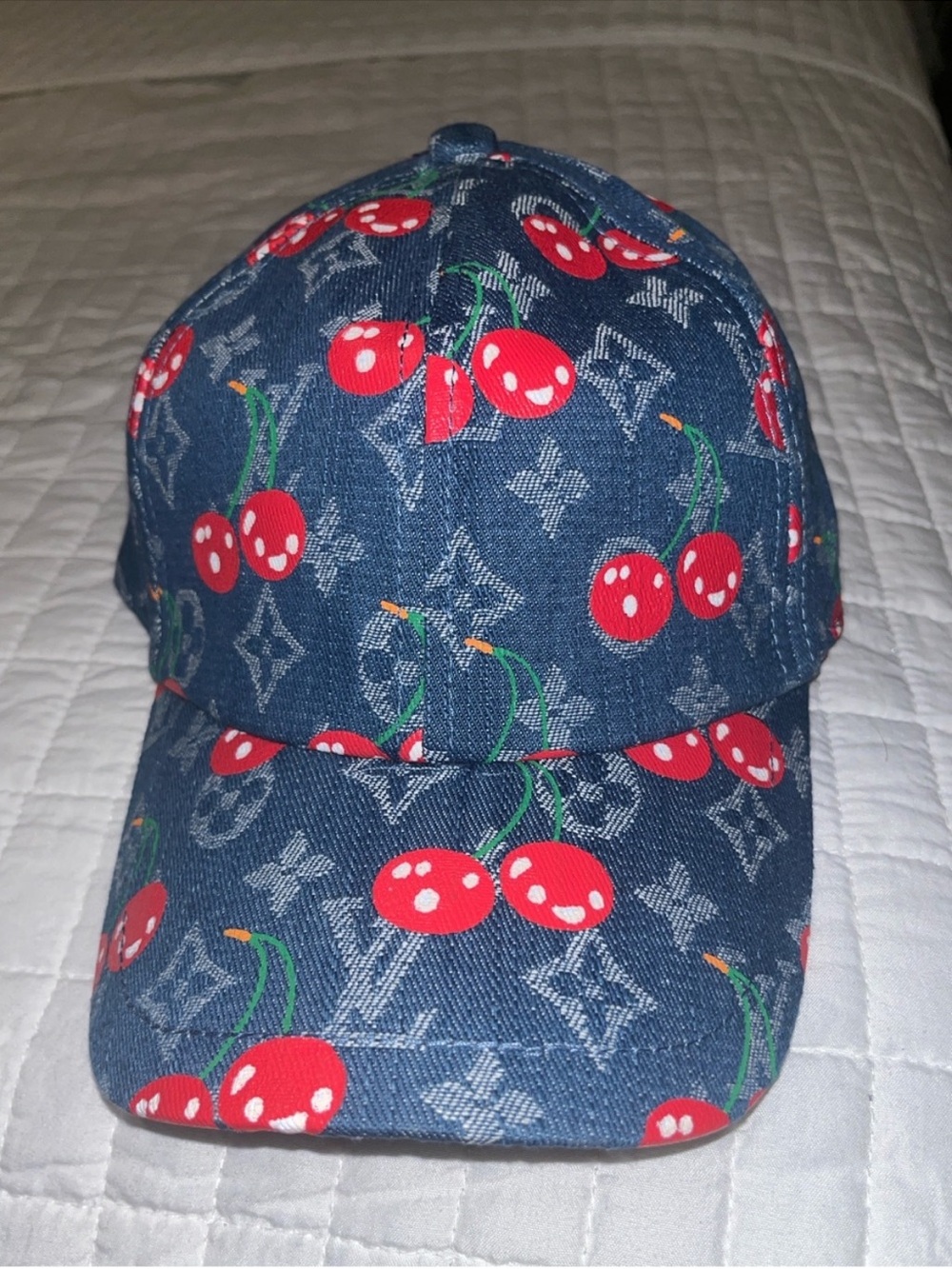 Cute fashion Cherry Print Denim Cap in Blue and Red